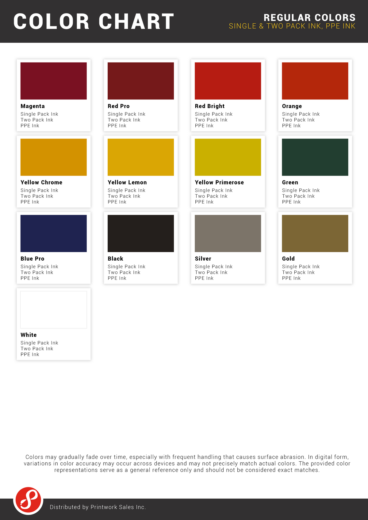 Color Chart | Vinyl, PPE, Nylon, Single Pack, Two Pack Inks – Printwork ...